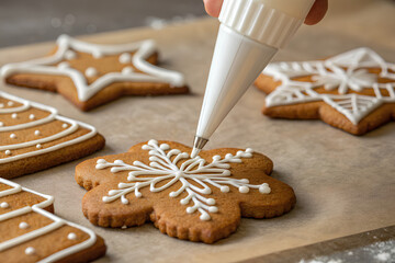 Decorating Christmas gingerbread cookies with icing
