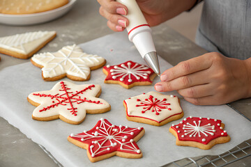 Close-up of a hand piping white icing onto a snowflake-shaped gingerbread cookie, surrounded by other holiday-themed treats.
