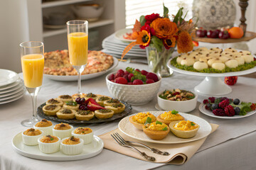 Festive Christmas brunch table with holiday food
