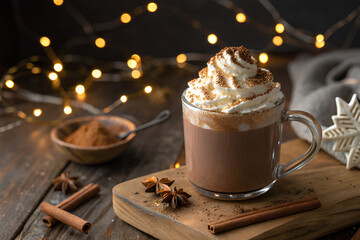 Hot chocolate with whipped cream and spices
