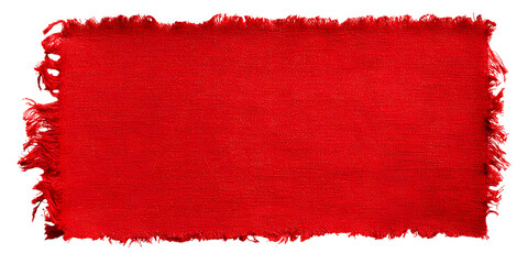 Vibrant textured red fabric swatch with frayed edges showcasing intricate woven threads isolated on transparent background