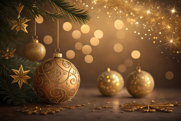 Elegant golden Christmas ornaments with festive sparkle
