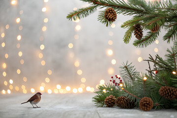 Christmas background with bird and pine branches
