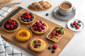 Assorted fruit tarts and coffee on breakfast table
