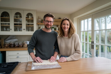 Smiling Couple Making Dough in Home Kitchen