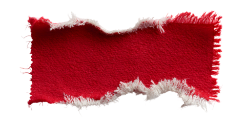 Close up texture of frayed red fabric with white threads showing on the edges isolated on transparent background
