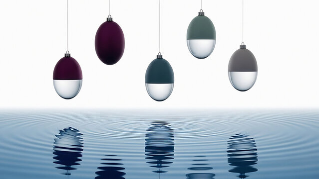 Modern Christmas ornament collection with water ripple reflections create a calm and elegant holiday mood, perfect for seasonal promotions and designs