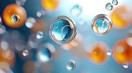 Close-up of abstract bubbles with bokeh effect, featuring blue and orange colors, creating a visually appealing and artistic composition.