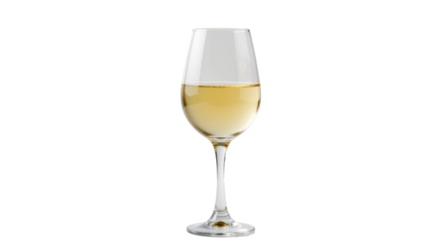 Glass of white wine with clear stem and base, filled halfway with pale golden liquid, isolated on black