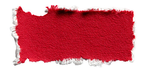 A rough textured vibrant crimson red paper scrap with torn frayed edges and white fibrous backing isolated on transparent background