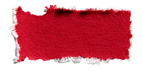 A rough textured vibrant crimson red paper scrap with torn frayed edges and white fibrous backing isolated on transparent background