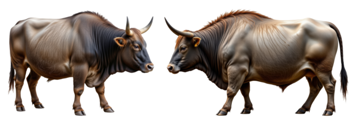 Two large grey oxen with muscular bodies and curved horns facing each other, showing strength and calmness