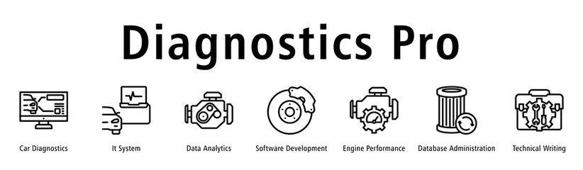 Diagnostics Pro web banner icon vector illustration with icons of Car Diagnostics, It System, Data Analytics, Software Development, Engine Performance, Database Administration and Technical Writing.