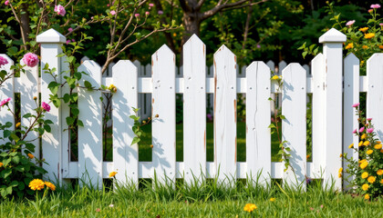 White wooden fence with green grass and colorful flowers creates peaceful and charming garden scene in bright daylight