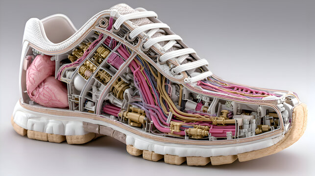 Sliced Sneaker Showing Intricate Mechanical Details in Neutral Color Palette