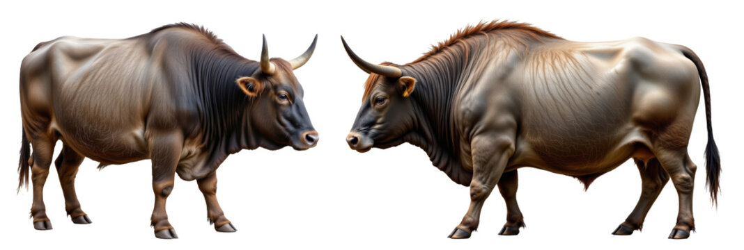 Two large grey oxen with muscular bodies and curved horns facing each other, showing strength and calmness