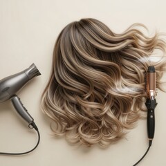 Blonde highlighted hair styled with curling iron and hair dryer on tan background