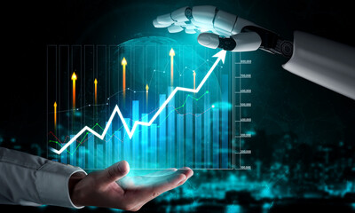 A futuristic representation of financial growth, showcasing a robotic hand engaging with dynamic graphs and data visualizations in a digital landscape. Scalp