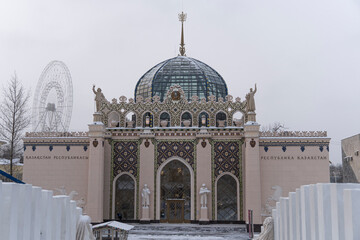 Moscow, Russia, 04.14.2021. Restored exhibition pavilion Kazakhstan with a glass dome at VDNH. Beautiful building in the style of an oriental palace