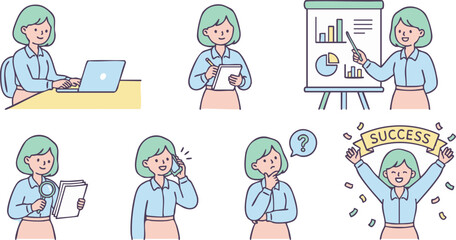 Collection of Businesswoman Illustrations Showing Various Professional Activities and Emotions