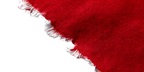 Close up of a vibrant red textured fabric with a rough torn edge revealing white threads isolated on transparent background