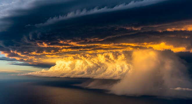 The fiery glow of sunset illuminates a massive, turbulent storm cloud system forming over the ocean horizon