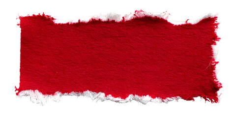A vibrant red textured fabric swatch with rough torn edges and a white fluffy border isolated on transparent background