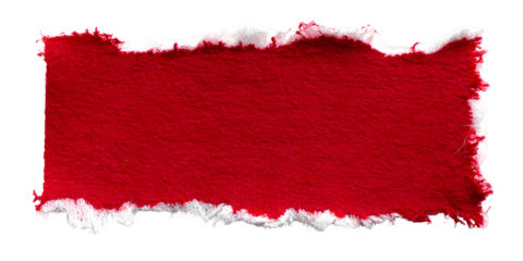 A vibrant red textured fabric swatch with rough torn edges and a white fluffy border isolated on transparent background