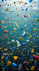 Naklejka premium Marine Pollution Crisis A Sea of Plastic Waste Threatens Aquatic Life