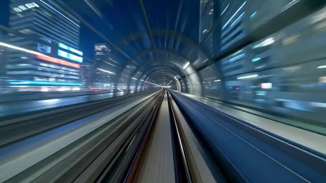 High-speed train journey through a futuristic glass tunnel in a modern city at night, with motion blur.