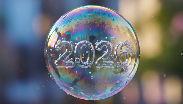 Celebrate the year 2026 with iridescent bubble design for a fresh new start