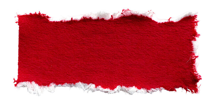 A vibrant red textured fabric swatch with rough torn edges and a white fluffy border isolated on transparent background
