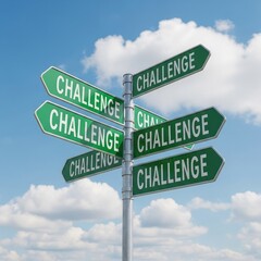 Challenge-labeled directional signs pointing every way, against blue sky