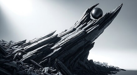 Monochrome driftwood sculpture with sphere, a study in texture and form.