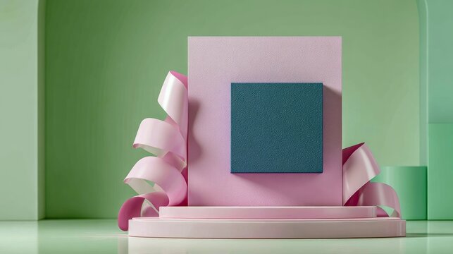 An abstract composition featuring geometric shapes, a teal square, a pink ribbon, and a pastel green background. The scene is softly lit, creating a minimalist