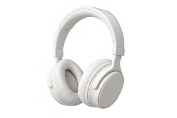 White wireless over-ear headphones for listening to music, audiobooks, and podcasts, on a transparent background