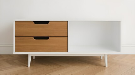 This piece is designed for practical indoor use, possibly as a TV stand, side cabinet, or low storage unit. The combination of wood and white surfaces gives it a balanced, modern aesthetic.