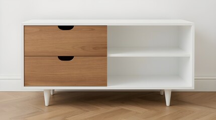 Wooden cabinet isolated on a white background. On the right side of the cabinet, there is an open rectangular storage compartment with no door or drawer, revealing an empty white interior.