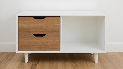 A wooden storage cabinet with drawers and shelves. On the left side, there are two horizontal wooden drawer fronts in a warm brown tone, stacked vertically. 