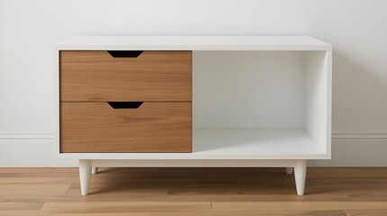 A compact, low-profile storage cabinet with a clean and minimalist design. The body of the cabinet is finished in solid white, giving it a crisp and modern appearance.