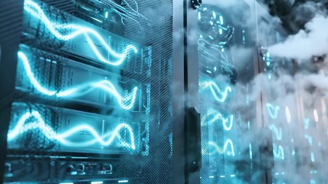 Server room with glowing blue wave patterns, partially obscured by steam or fog
