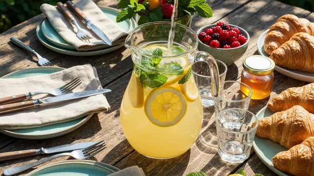 Pouring Fresh Lemonade Into Pitcher With Croissants and Berries on Rustic Table