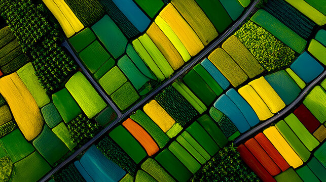 Aerial View of Colorful Agriculture Fields with Geometric Patterns