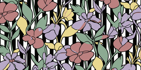 Seamless pattern featuring stylized pastel flowers, green leaves, and bold black and white stripes. Ideal for textile, fabric, and wallpaper designs