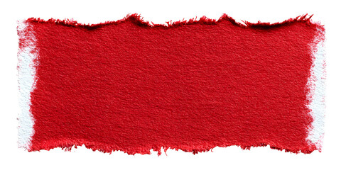 A textured vibrant red paper swatch with rough torn edges and a white border isolated on transparent background