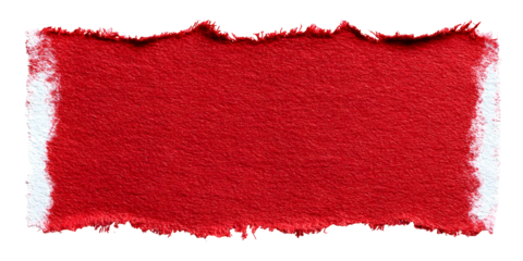 A textured vibrant red paper swatch with rough torn edges and a white border isolated on transparent background