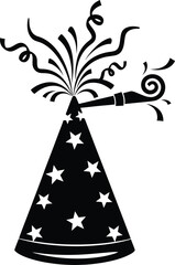 New Year Party Hat with Streamers &mdash; Black & White Festive Silhouette Vector Art