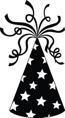 New Year Party Hat with Streamers &mdash; Black & White Festive Silhouette Vector Art