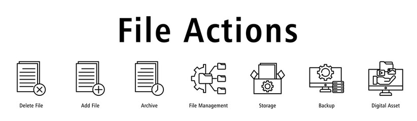 File Actions web banner icon vector illustration with icons of Delete File, Add File, Archive, File Management, Storage, Backup and Digital Asset.