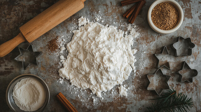 Preparazione dolci natalizi con farina e utensili da cucina. Generative AI